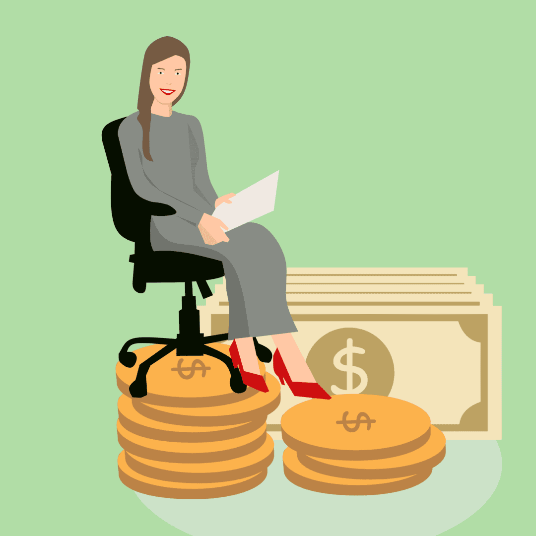 A lady sitting on a chair with coins under chair